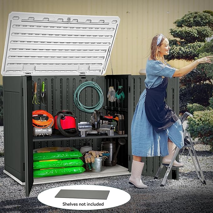 YITAHOME Extra Large Outdoor Horizontal Storage Shed, 4.5x4ft Resin Tool Sheds w/o Shelf, Easy to Assemble Waterproof Storage for Trash Cans, Garden Tools, Lawn Mower, Lockable, Dark Gray