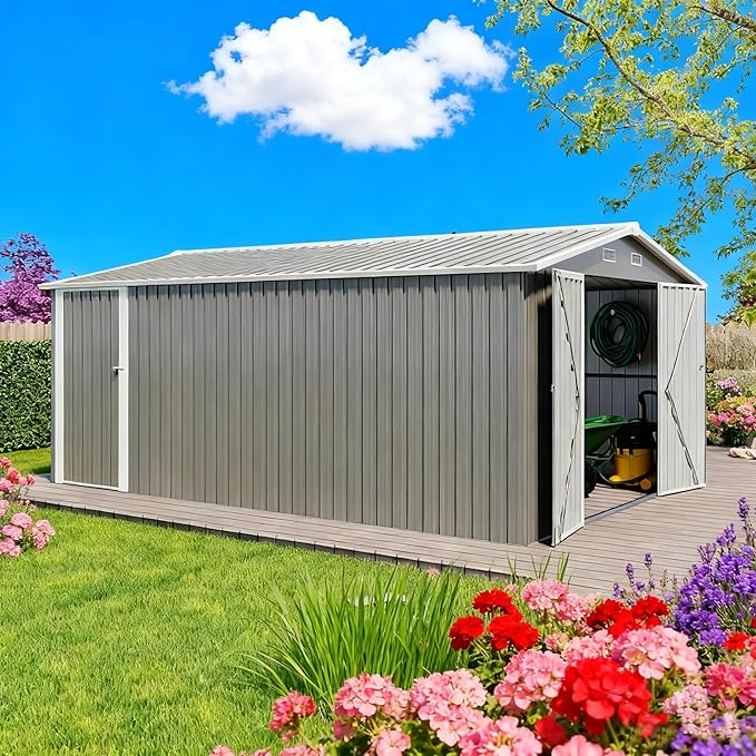 YOPTO 10x14 FT Outdoor Storage Shed, Extra Large Metal Garden Shed with Waterproof Roof, 4 Vents and 3 Lockable Doors,All-Weather Tool Shed Storage House for Backyard, Patio, Lawn,Light Grey