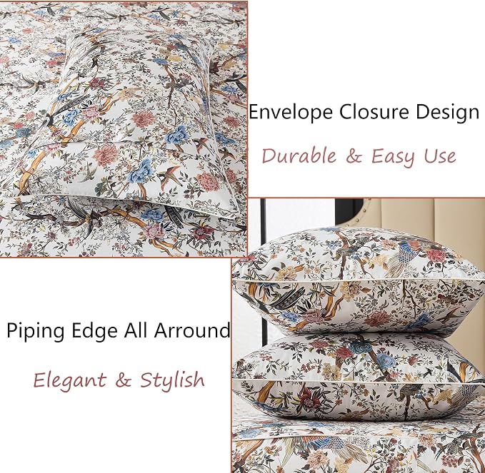 FADFAY Sheets Set King Botanical Bird Floral Bed Sheets Set Vintage Mocha Mousse Farmhouse Bedding Shabby Branches Bedding 100% Egyptian Cotton Breathable Soft 17.7" Deep Pocket 4Pcs, King Size