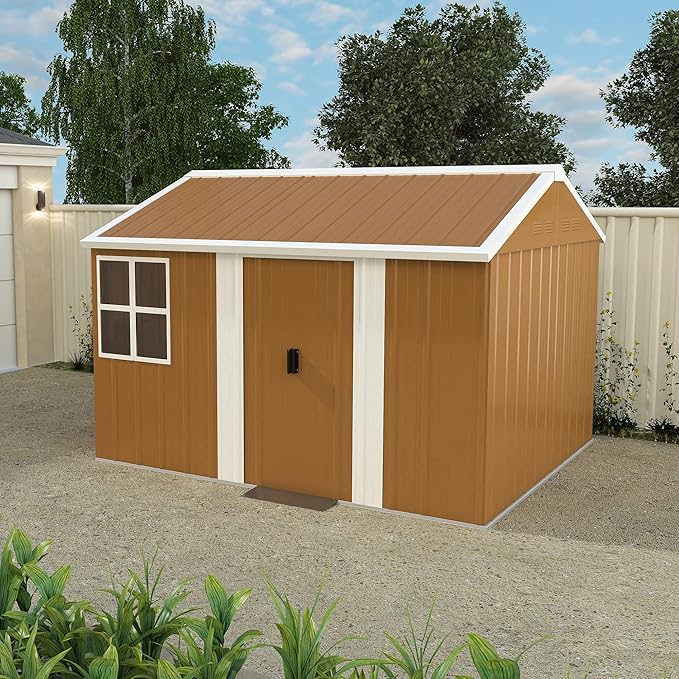 YOPTO 8x10 FT Outdoor Storage Shed,Metal Shed W/Lockable Doors,Windows & 4 Air Vents,Weatherproof Garden Tool House W/Sloped Roof,for Backyard,Lawn,Tool Organization,Brown