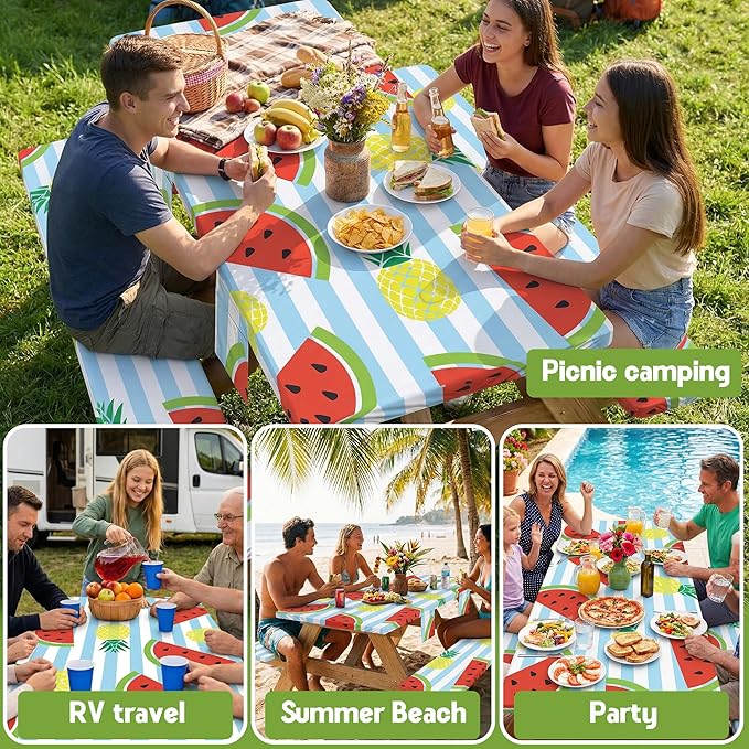 Picnic Table Cover with Bench Covers Waterproof Elastic Rectangle Tablecloth Camper Essentials Supplies Rv Car Travel Gear Must Haves Accessories Fitted Table Cloth Outdoor Road Trip Camping Gifts 6ft