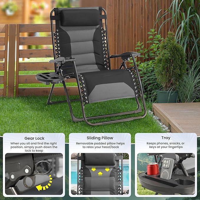 Zero Gravity Chair Oversized Padded Recliner with Adjustable Headrest & Cup Holder - XL 600D Oxford Folding Lounge Chair for Outdoor Camping, Patio, Poolside (Upgraded Black & Gray)
