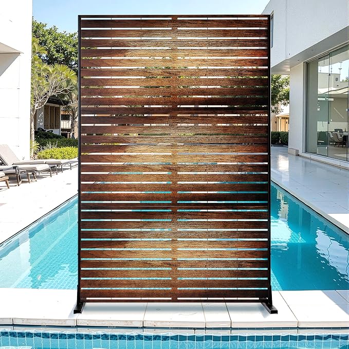 Metal Privacy Screen for Outdoor & Indoor Use, Free Standing Privacy Screen for Patio Garden Pool, 72" H x 47" W Decoative Privacy Panels, Weather Resistant, Easy Assembly (Wood Grain)