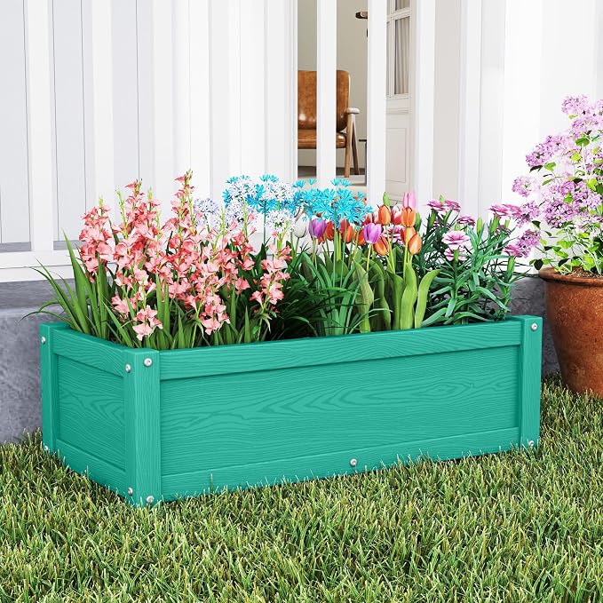 HDPE Raised Planter Box Outdoor, Rot-Resistant and Non-Cracking, Small Raised Beds for Gardening 29.5 * 14.4 * 9.8 in for Yard, Lawn, Rectangle with Drainage Holes, Aruba Blue