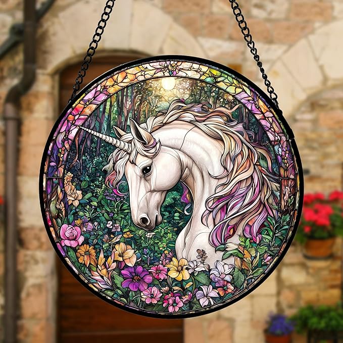 DASTOLL Stained Glass Window Hanging, Unicorn Flowers Suncatcher for Doors Home Sun Catchers Decoration and Christmas, Mother's Day Birthday Gifts for Women, Men, and Mom 6.3 in