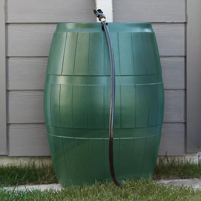 FCMP Outdoor Raincatcher, Flat-Back Rain Barrel with Spigots, 50 Gallon, Green