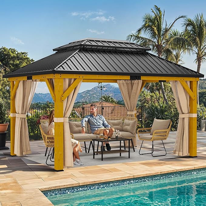 YITAHOME 13x15ft Wood Gazebo Outdoor Wooden Frame Double Roof Hardtop Galvanized Steel Top Canopy w/Curtain and Netting, Patio Heavy Duty Gazebo for Deck, Backyard, Golden