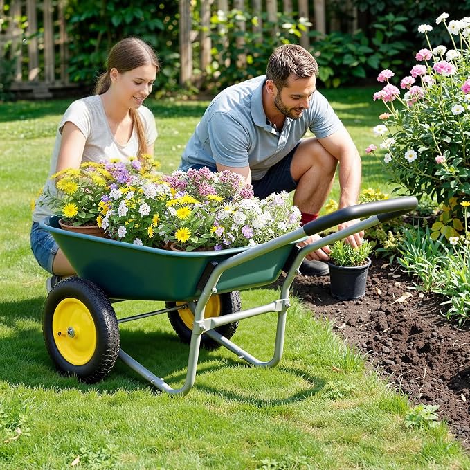2 Wheel Wheelbarrow, Dual-Wheel Garden Dump Cart with 13" Non-Slip Pneumatic Tires & Ergonomic Padded Handle, Heavy-Duty Home Utility Yard Cart Wagon with 4.5 Cu Ft Capacity for Lawn, Gardening