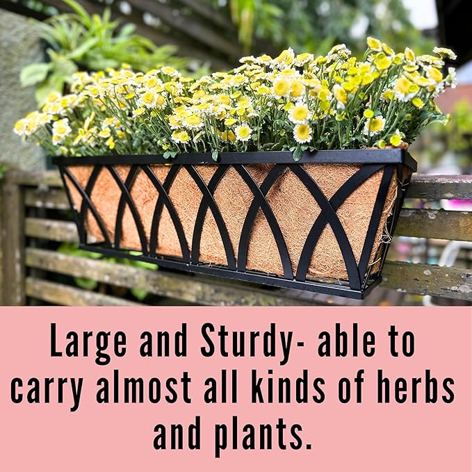 LaLaGreen Railing Planter Boxes (24 Inch, 4 Pack) Black Metal Rectangular Window Flower Box with Coco Liner, Wall Hanging Planters for Outdoor Plants Bracket Holder Deck Rail Fence Balcony Patio Porch