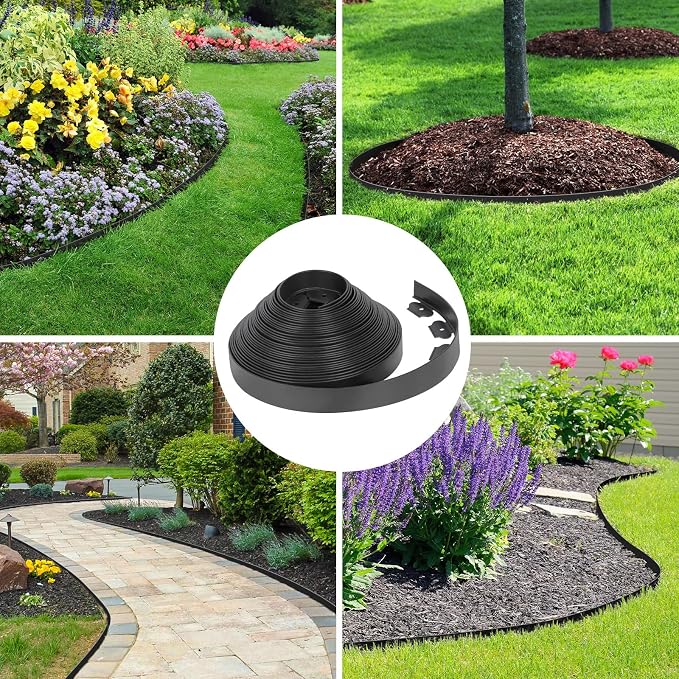 2-Inch x 50 FT Landscape Edging Border with 75 Spikes, Garden Edging Border Lawn Edging Border, Plastic Edging Border Flexible for Garden Flower Beds Lawn Yard Paver Pathway (Black)