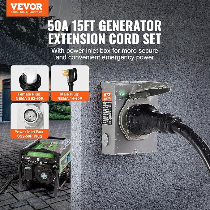 VEVOR 50 Amp Generator Cord and Power Inlet Box Kit, 15FT Generator Extension Cord NEMA 14-50P/SS2-50R STW 6/3+8/1 AWG with Twist Lock Connector, Pre-Drilled Inlet Box, ETL Listed
