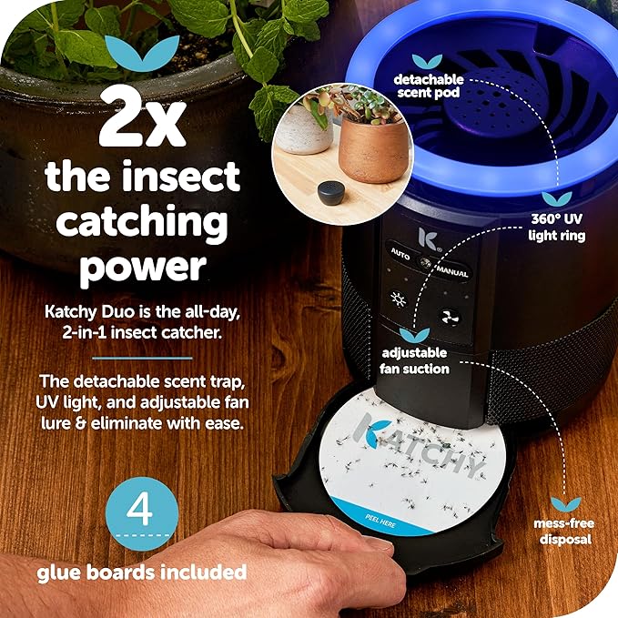 Katchy Duo – Indoor Fly Trap with Scent Pod – Day & Night Effective – Mosquito, Fruit Fly, Gnat & Small Moth Killer – Non-Zapper Trap with UV Bug Light & Fan Suction (White)