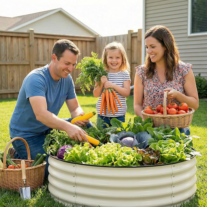 Sponvatt 1 Pcs Round Galvanized Raised Garden Bed Kit 24 x 12 Inch Metal Planter Box Outdoor with Safety Rubber Edge Trim Rust Proof Weather Resistant Circular Steel Garden Beds White 12 Inch Deep