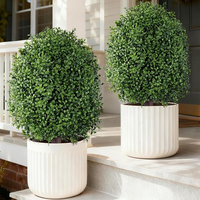 INSPRING Artificial Boxwood Topiary Trees Outdoor Fake Bushes Plants UV Resistant Evergreen Shrubs with Metal Ground Spike for Porch Patio Garden, 2 Pack