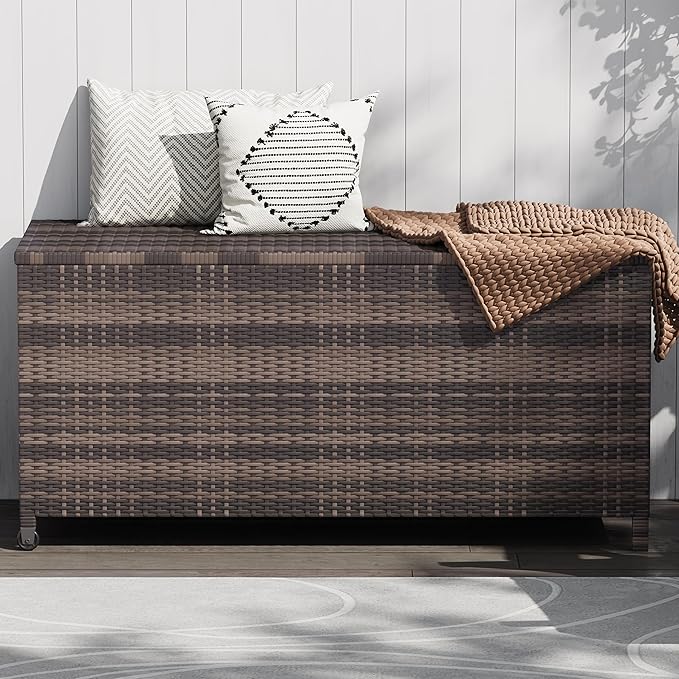 185 Gallon Outdoor Wicker Deck Box, All-Weather Waterproof Patio Storage with PE Rattan Finish & Steel Frame, for Cushions, Garden Tools, Pool Supplies, Lockable Brown Storage Box with Soft-Close Lid