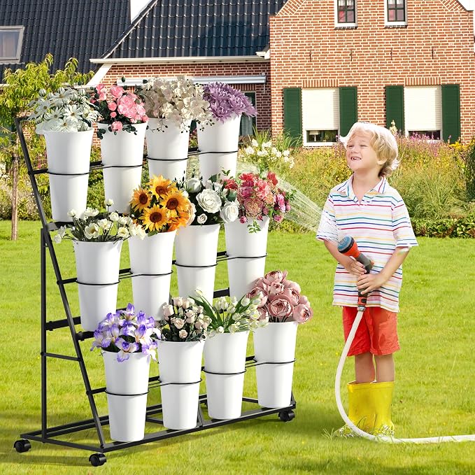Invech Flower Display Stand with 12 Buckets and Wheels, 3 Tier Flower Cart Display Stand for Indoor Outdoor Garden, Wedding, Flower Shop (Black)