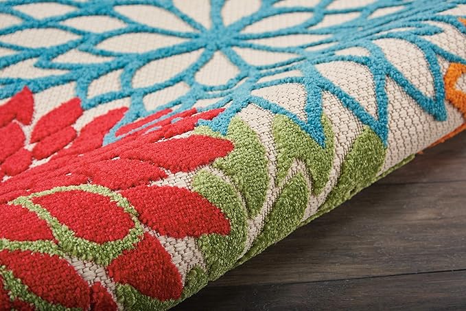 Nourison Home Aloha Indoor/Outdoor Green 4' x Round Area-Rug, Tropical, Botanical, Easy-Cleaning, Non Shedding, Bed Room, Living Room, Dining Room, Deck, Backyard, Patio (4 Round)