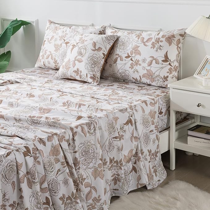 FADFAY Sheets Set Full Vintage White and Brown Floral Bedding Elegant Peony Sheets Set Shabby Rose Farmhouse Bedding 100% Egyptian Cotton 800 Thread Count Deep Pocket Fitted Sheet 4Pcs, Full Size