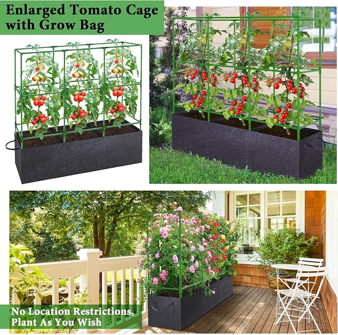 POILKMNI Tomato Cage 51×17×49 Inch with 46 Gallon Grow Bag, Heavy Duty Plastic Coated Steel Plant Support Trellis for Tomato Cucumber Climbing Plants Outdoor Indoor
