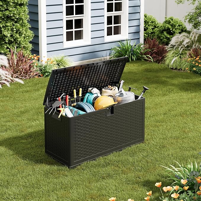 73 Gallon Outdoor Deck Box, Lockable Waterproof Outdoor Resin Box with Lid, Patio Storage Bin for Patio Furniture, Garden Tools, Pool Accessories - Brown