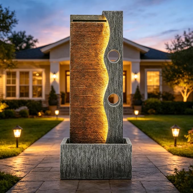 AUTODAYA 39.4" Tall Outdoor Water Fountain with LED Lights, Modern Zen Wall Resin Garden Fountain with Cascading Waterfall, Faux Slate Textures, Tranquil Water Feature for Patio, Garden, Deck or Porch