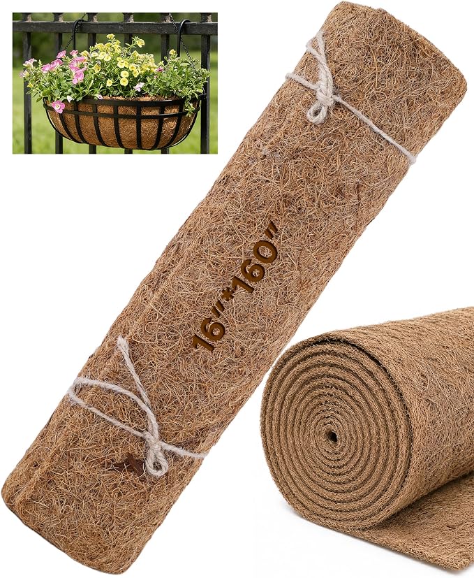 Coco Liners for Planters - 16" x 160" Thick Coconut Fiber, Pre-Drained Planter Liner, Reptile Bedding & Garden Mat | 100% Natural & Biodegradable Coconut Coir for Plants