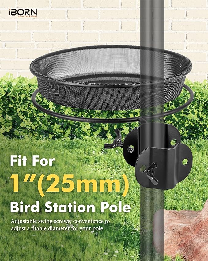 iBorn Bird Feeders Station Mesh Tray and Ring for 1” Pole Stand Station Outdoor Accessory for Humming Bird Feeders for Outside,5SECOND to Install,Fit for 1 Inch Pole,1 Inch Wooden Stick,Pack of 1
