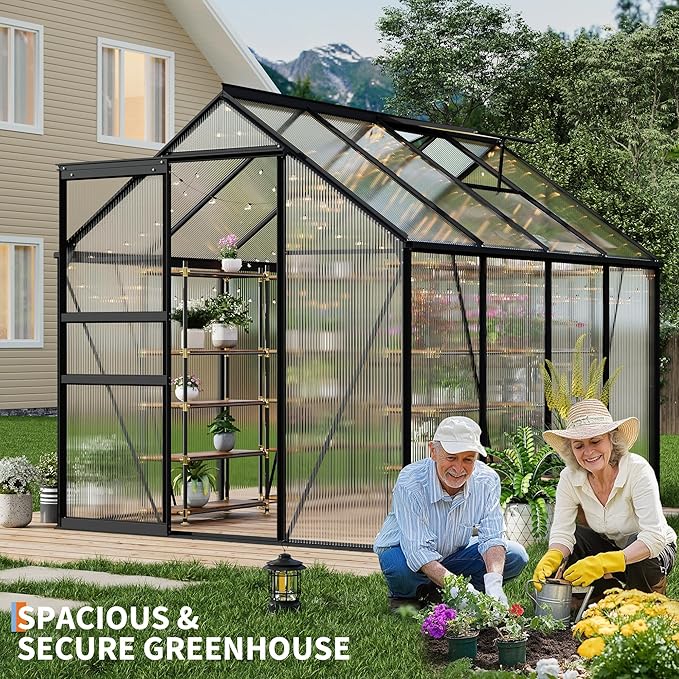 6x8FT Greenhouse for Outdoors, Walk-in Polycarbonate Greenhouse with Sliding Door, Adjustable Roof Vent & Gutter System, Portable Outdoor Green House Kit for Winter Gardening