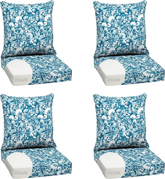 Arden Outdoor Foam Deep Seat Cushion Set (4-Pack), 24x24, Premium High-Density Foam, Never Flattens, Weather-Proof for Patio Chair Sofa Couch, Aqua Blue Fusion Floral