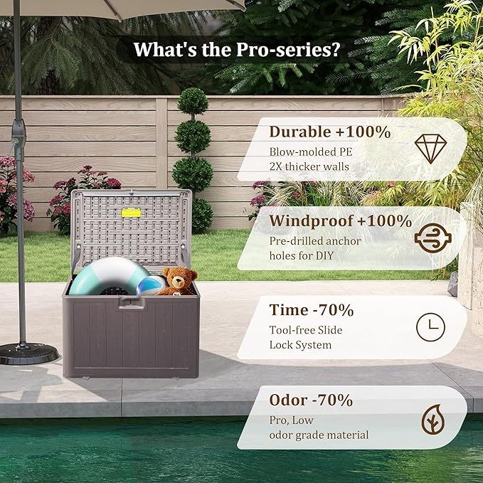 Outdoor Storage Deck Box Waterproof, 260 Gal Pro Large Lockable Patio Storage Bin Chest, Resin Outside Container Seat Bench for Furniture Cushions, Pool Accessories, Garden Tools & Delivery, Black