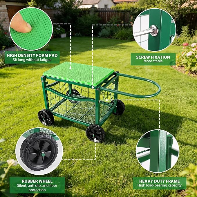 Garden Rolling Work Seat with Wheels | Padded Foam Cushion, Hold Max. 350Lbs