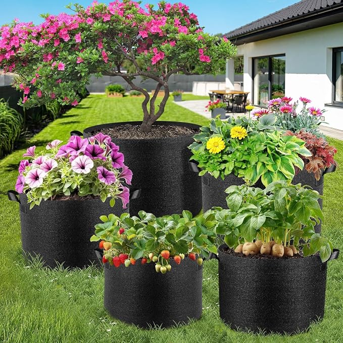 Jorvila 5 Pack 10 Gallon Grow Bags, Thickened Nonwoven Fabric Planter Pots with Handles, Heavy Duty 300G Garden Pots for Tomato, Potato and Vegetable