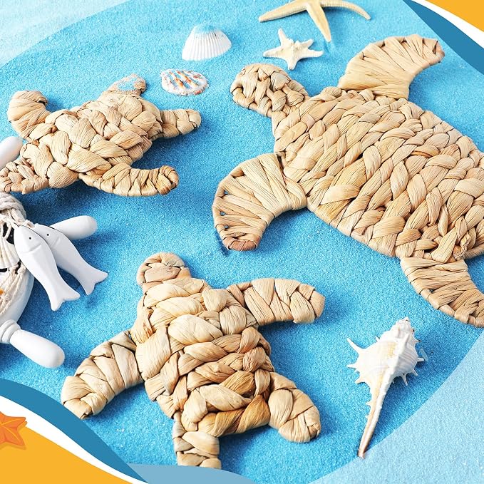 Threehoney 3 Pcs Sea Turtle Beach Theme Decor 3 Size Handmade Wicker Turtle Wall Decor Sea Life Hanging Wall Art Coastal Nautical Sculpture Table Decoration for Boho Bathroom Indoor Outdoor Ornament