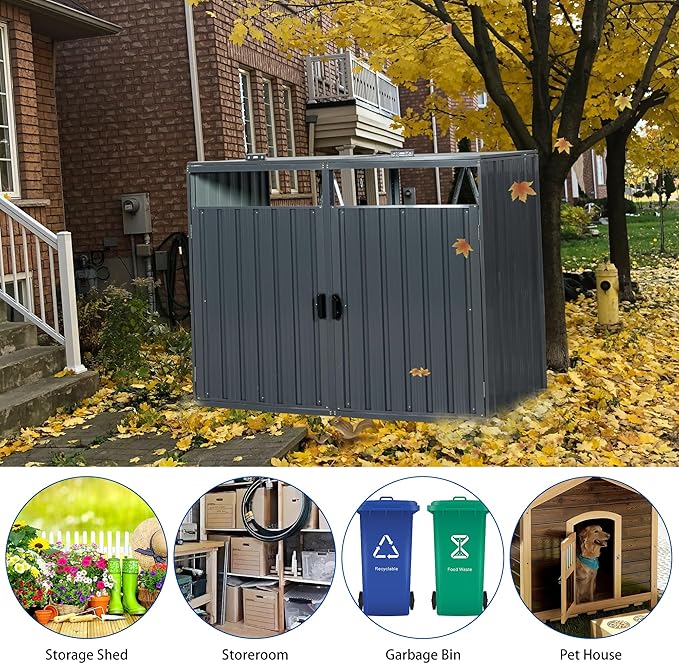 62.99" Metal Garbage Bin Shed Stores with Ventilated and Lockable,Patio Furniture 2 Trash Cans Outdoor Sheds w/Rust-Proof & Scratch- Resistant,for Garden Yard Lawn,Black
