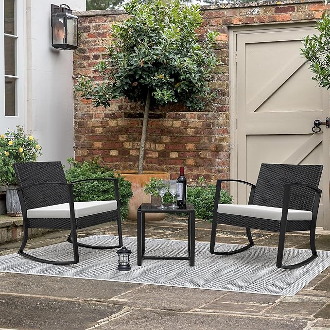 Greesum 3 Pieces Outdoor Furniture Set Patio Bistro Rocking Chairs with Glass Coffee Table for Pool Beach Backyard Balcony Porch Deck Garden, Bright White