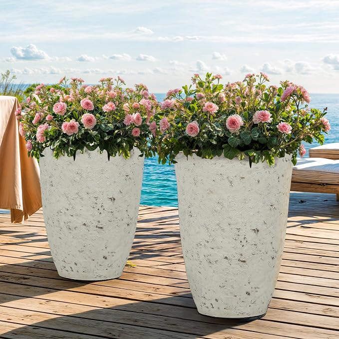 19.5"H Resin Tall Planters for Outdoor Indoor Use, 2-Pack Large Flower Pots, Weather-Resistant Plant Container for Garden Yard Porch or Home Décor, Handcrafted Birch Bark Texture, Country White