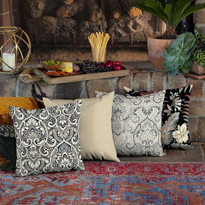 Arden Outdoor Toss Pillow, 16 x 16, Rain-Proof, Fade Resistant Black Aurora Damask