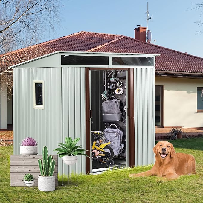 6FT x 5FT Outdoor Storage Shed, Heavy Duty Galvanized Steel Garden Shed with Sloped Roof, Sliding Lockable Doors, Punched Vents & Foundation Kit, Weather Resistant Tool Shed, White with Window