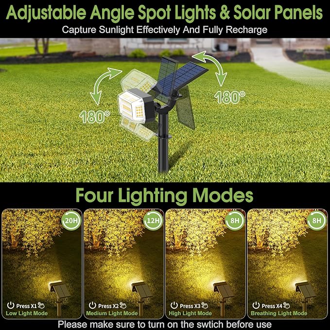 WENATY 102 LED Solar Spot Lights Outdoor Waterproof IP65, Adjustable Landscape Spotlights, [8 Pack/4 Modes] Auto On/Off Solar Powered Flood Lights for Outside Yard Garden Wall Pathway (Warm White)