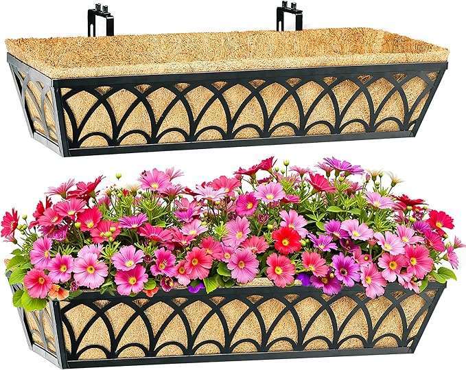 30 Inch Railing Planter Box Window Boxes Planters - 2 Pack Deck Railing Planter Boxes with Adjustable Brackets Coco Liners Balcony Planters Railing Hanging for Window Flower Boxes Outdoor Garden Decor