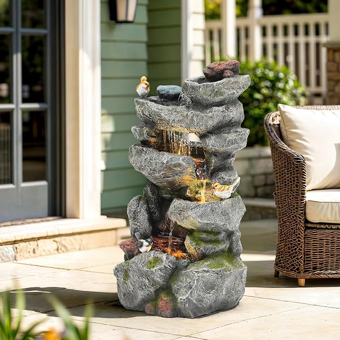 AUTODAYA 31.5" H Multi-Tier Rock Outdoor Water Fountain with LED Lights and Pump, Garden Fountain Waterfall for Patio, Porch, or Yard