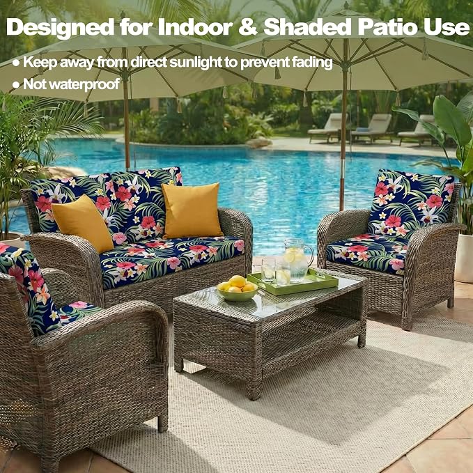 CALBODE 14 Pcs Stretch Outdoor Seat Cushion Covers, Washable Chair Seat Cover for Patio Furniture Cushions Soft Indoor and Outdoor Couch Cover Replacement (Tropical Floral,Black, Cover Only)