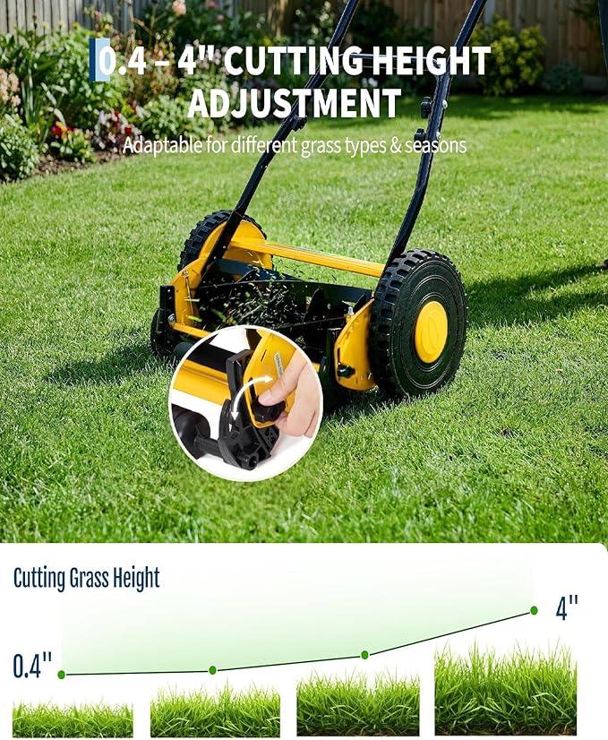 GarveeLife 5-Blade Push Reel Lawn Mower, 16-Inch Manual Push Grass Cutter, Adjustable Cutting Height, Lightweight & Easy Assembly for Small/Medium Yards, Compact Storage, Quiet Eco-Friendly