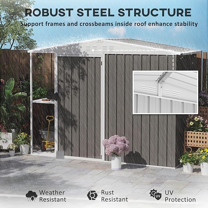 Outsunny 8 x 4ft Outdoor Storage Shed with Lock, 2-Tier Storage Rack, Air Vents, Garden Tool Shed for Backyard, Patio, Lawn, Warm Gray