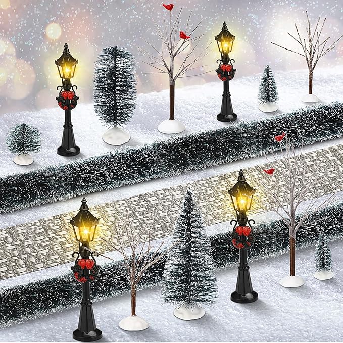 Hotop 18pc Christmas Village Accessories 47.2 Inch Village Roads Mini Snowy Trees Streets Light Lamppost Hedge Figurines Set for Display Winter Holiday Decorations DIY Crafts No Batteries(Joyous)