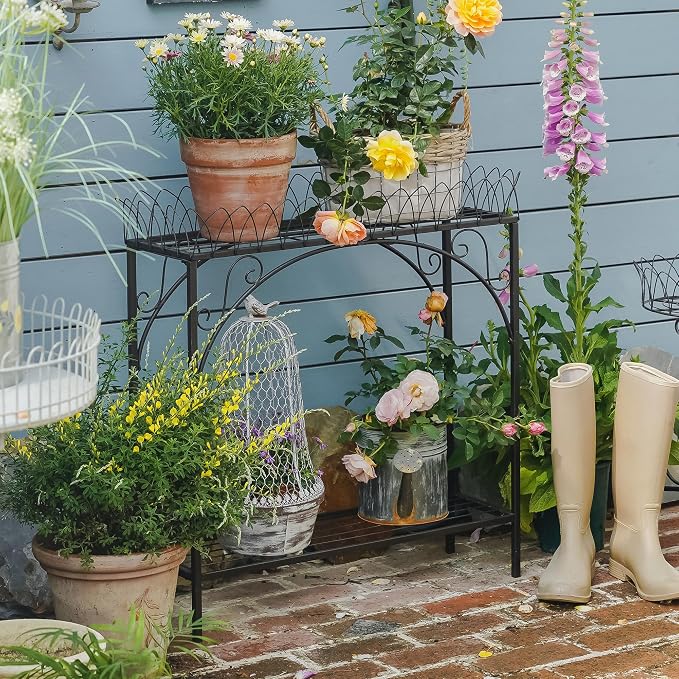 Black Long Double-Layer Plant Shelf, French Courtyard Style Metal Stand for Tall Potted Plants, Sturdy Indoor Outdoor Planter Holder Garden Decor