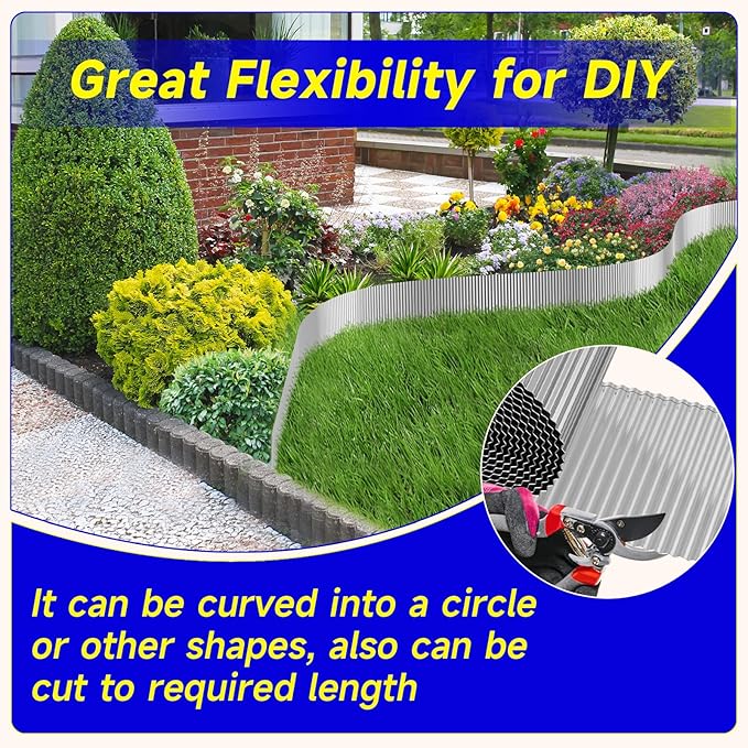 Corrugated Garden Edging, 12"×10Ft Galvanized Steel Landscape Edging & Lawn Edging Border, Metal Garden Border for Flower Beds, Garden，Lawn，Raised Beds & Tree Surrounds (Silver)