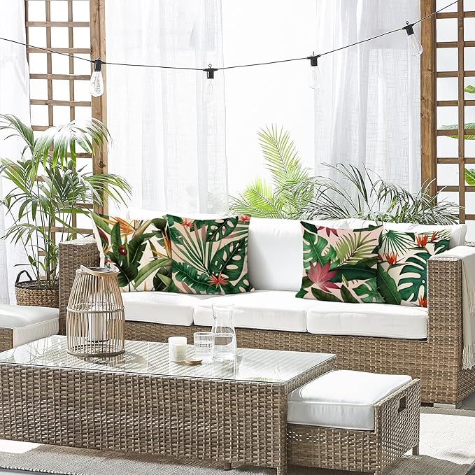 Bonhause Tropical Leaves Throw Pillow Covers 16x16 Set of 4 Green Palm Leaf Monstera Botanical Pillows Case Polyester Linen Cushion Covers for Outdoor Couch Sofa Patio Decor