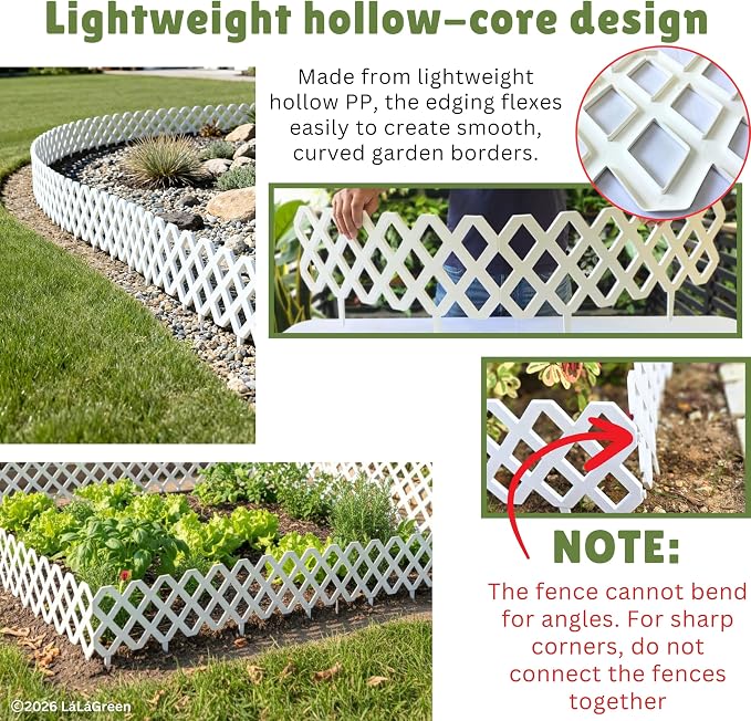 LaLaGreen Decorative Garden Edging Border (23 Inch, 10 Pack) White Plastic Fence Panels for Flower Beds Lawn Landscaping, Small Fencing Barrier Patio Paths Trees Rings Outdoor Yard Modern Style Decor