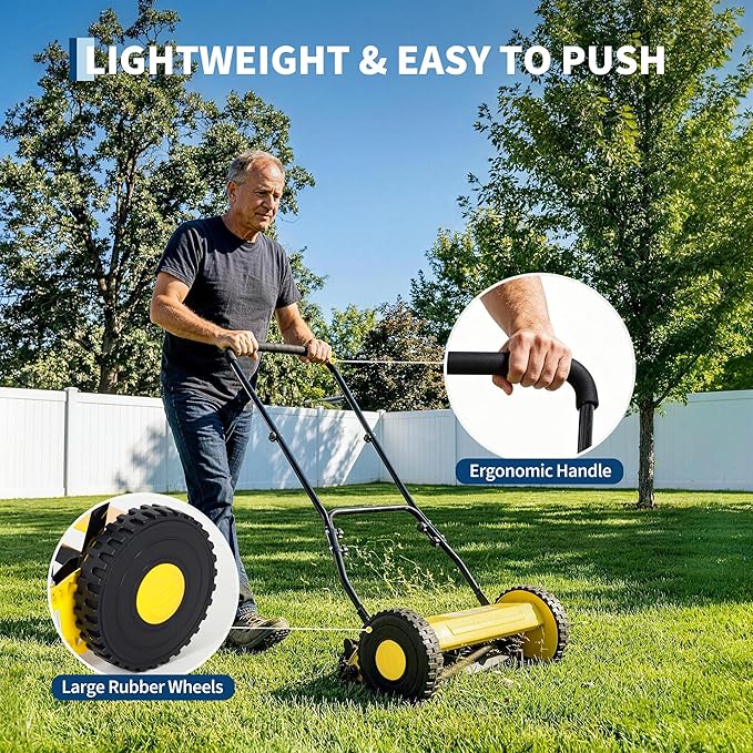 GarveeHome Quiet Eco-Friendly Hand Push Reel Lawn Mower – 16-Inch, 5-Blade, Adjustable Cutting Height, Lightweight & Compact, Easy Assembly, Ideal for Small to Medium Yards